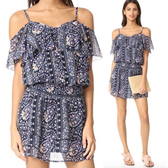 PAIGE 100% Silk Olympia Dark Ink Blue/Bouquet Tiered Ruffle Mini Dress M $298 - Picture 1 of 16